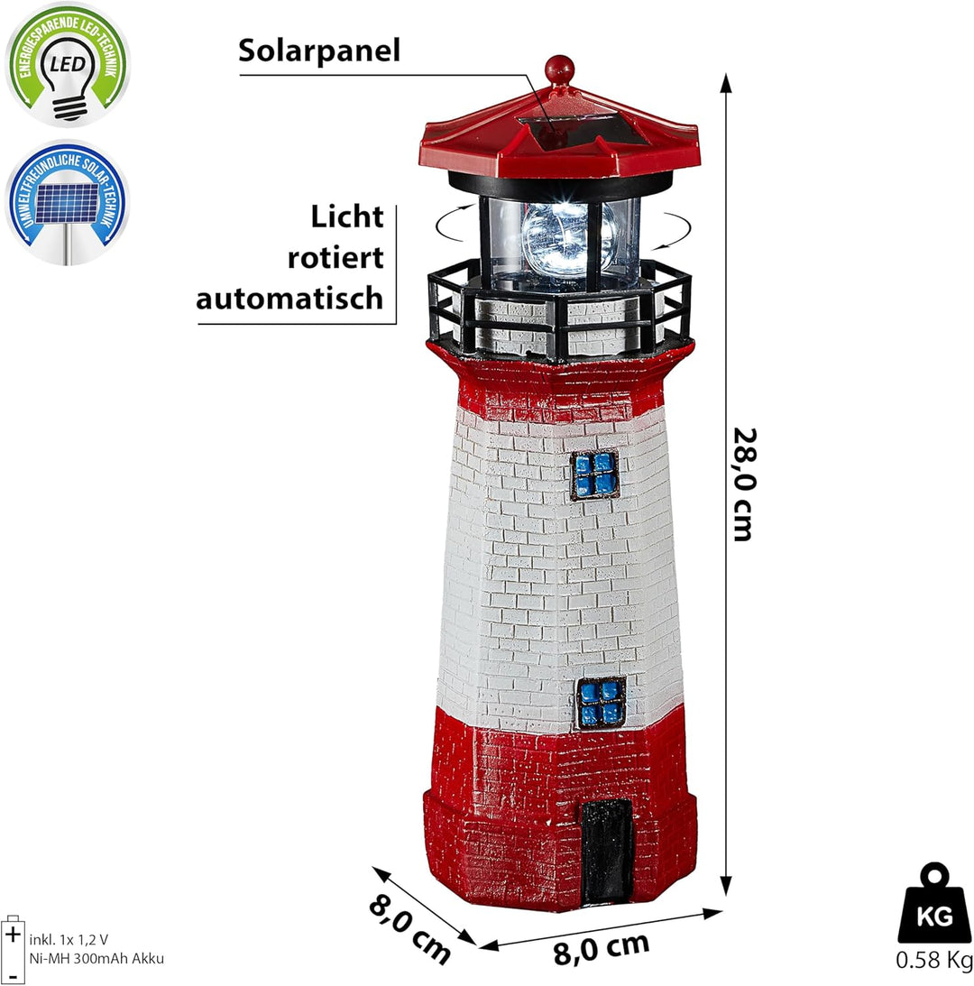 Cepewa LED Solar Leuchtturm | H28cm rot weiss | Gartendeko Leuchtfeuer Turm Leuchtfeuer Solarbeleuch