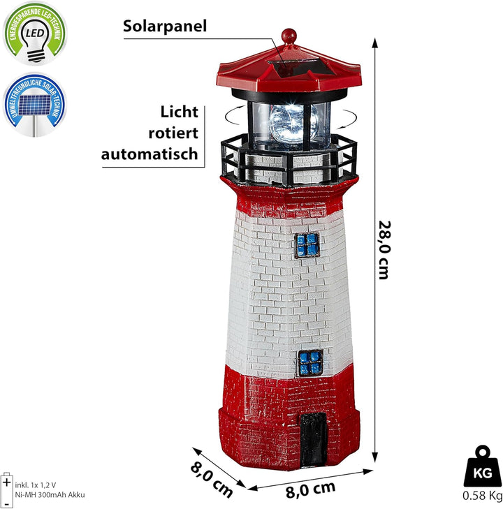 Cepewa LED Solar Leuchtturm | H28cm rot weiss | Gartendeko Leuchtfeuer Turm Leuchtfeuer Solarbeleuch