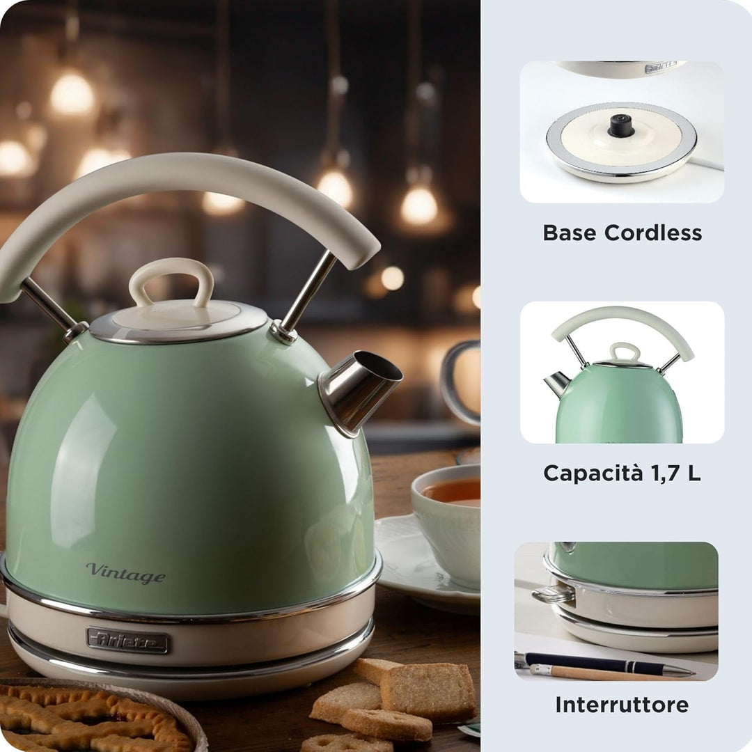 Ariete Vintage Wasserkocher 2877, Retro Elektrischer Wasserkocher mit Sichtbarem Wasserstand, Kabell