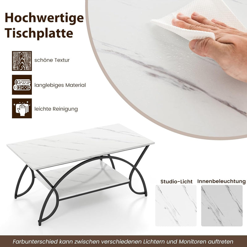 COSTWAY Couchtisch Marmor Optik, Kaffeetisch mit Ablage und Metallgestell, Wohnzimmertisch, Beistell