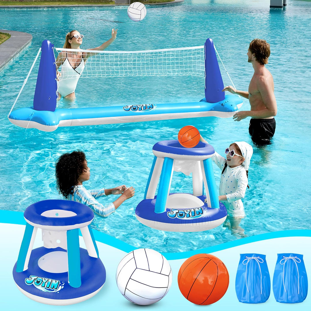 JOYIN Aufblasbares Schwimmbecken Set Volleyballnetz & Basketballkörbe; Inklusive Bälle für Kinder un