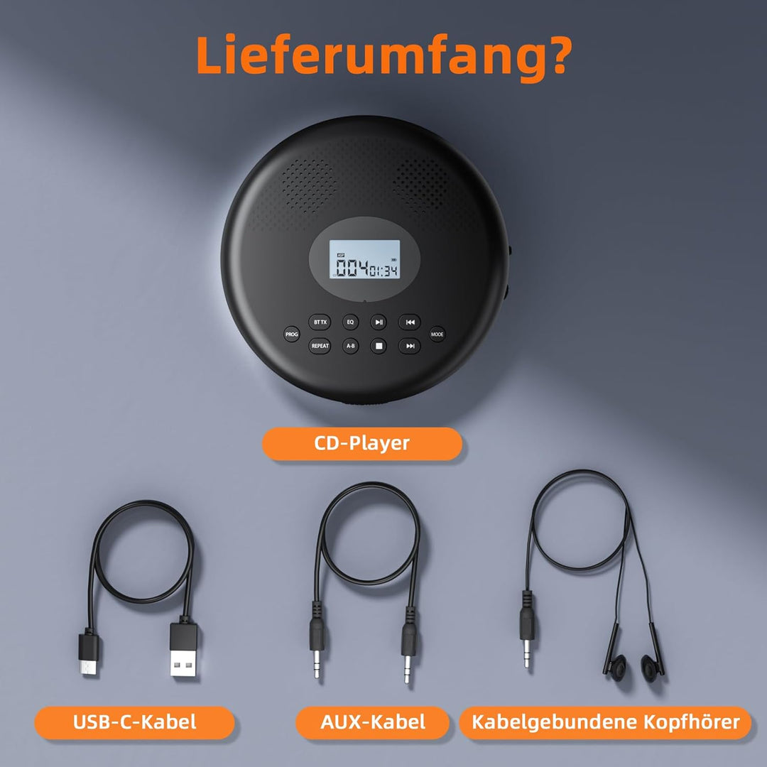 Arafuna Tragbarer CD-Player, CD Player Bluetooth Mit wiederaufladbarem Akku/Lautsprechern/Kopfhörern