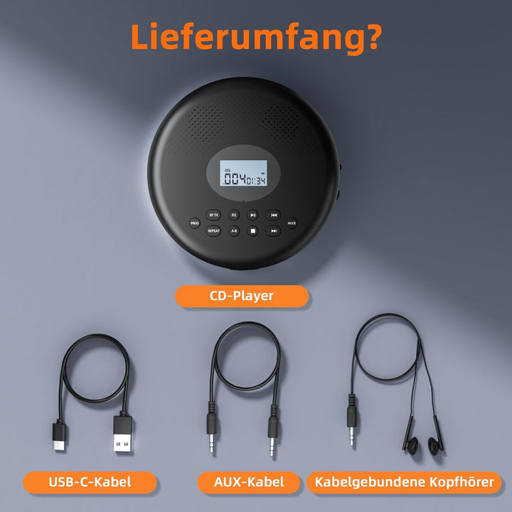 Arafuna Tragbarer CD-Player, CD Player Bluetooth Mit wiederaufladbarem Akku/Lautsprechern/Kopfhörern