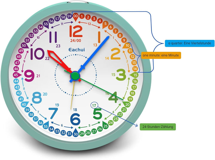 Eachui Analog Wecker Kinder ohne Ticken für Jungen und Mädchen - Lernwecker mit Nachtlicht, Snooze u