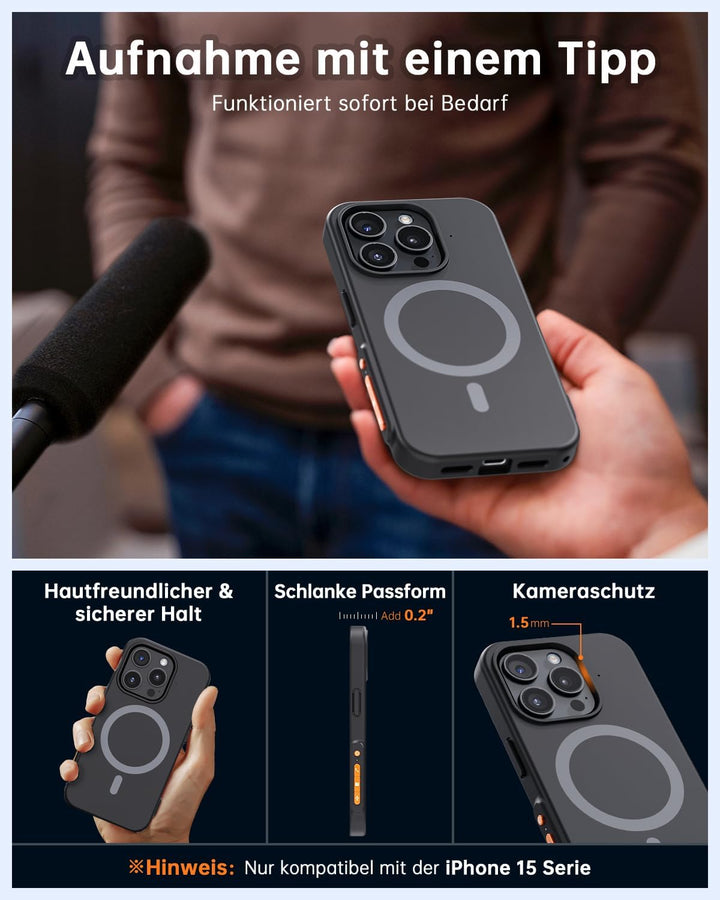 KI Digitales Diktiergerät mit Handyhülle, App-Steuerung, über 80+ Sprachen, Transkribieren und Zusam