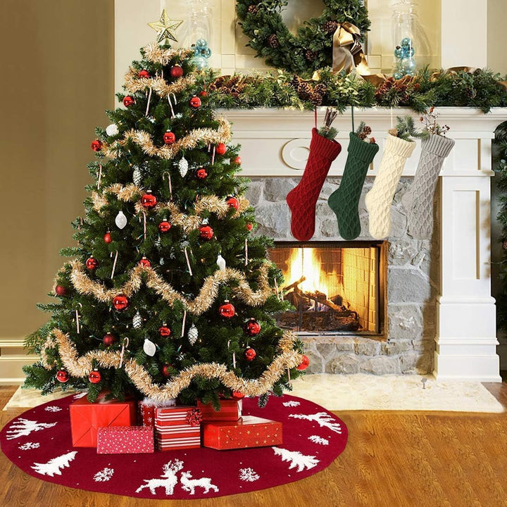 LOMOHOO Weihnachtsbaum-Rock 122cm gestrickt 3D-Elch-Weihnachtsbaum-Unterlage,Rustikaler roter Baumro