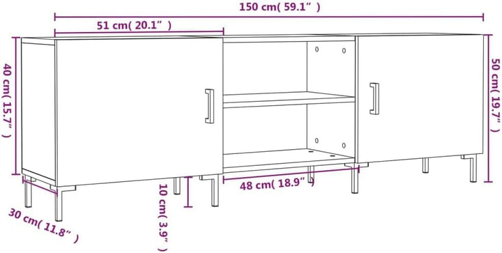 TV-Schrank Eiche Rauchgrau 150 x 30 x 50 cm aus mehrschichtigem Holz und Eisen – niedriger Schrank m