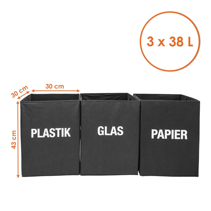 Spetebo Mülltrennsystem Tasche schwarz mit Griffen wiederverwendbar - 3 x 38 L - Recycling Müllsamml