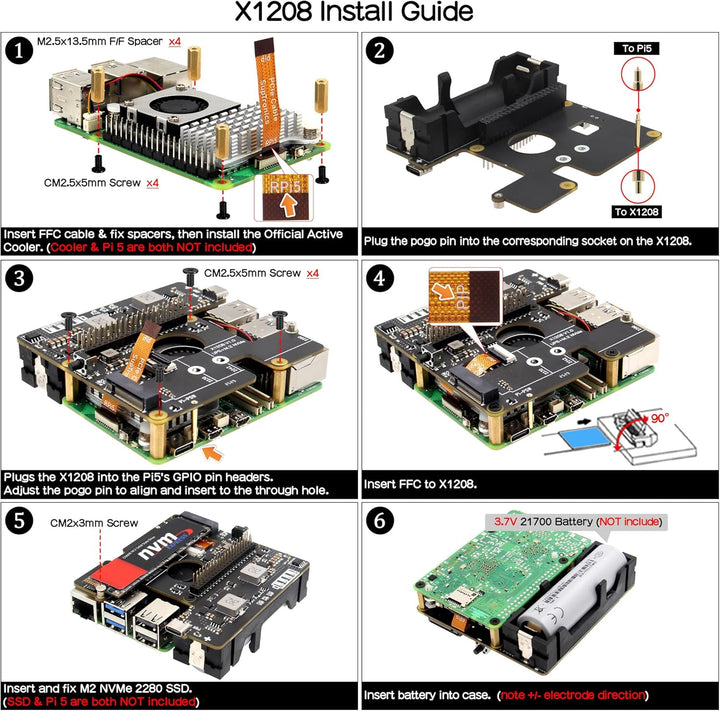 Geekworm X1208 UPS für Raspberry Pi 5 mit NVMe SSD (2280/2242/2230) Erweiterung | 5,1V/5A Ausgang |