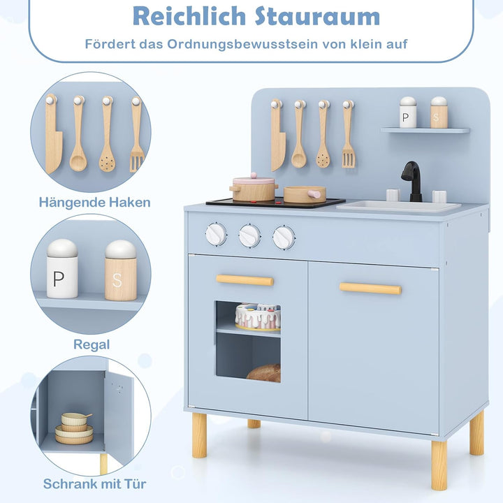 DREAMADE Kinderküche Holz mit 10 TLG. Zubehör, Kinder Küche mit Waschbecken Herd Backoffen, Mini Hol