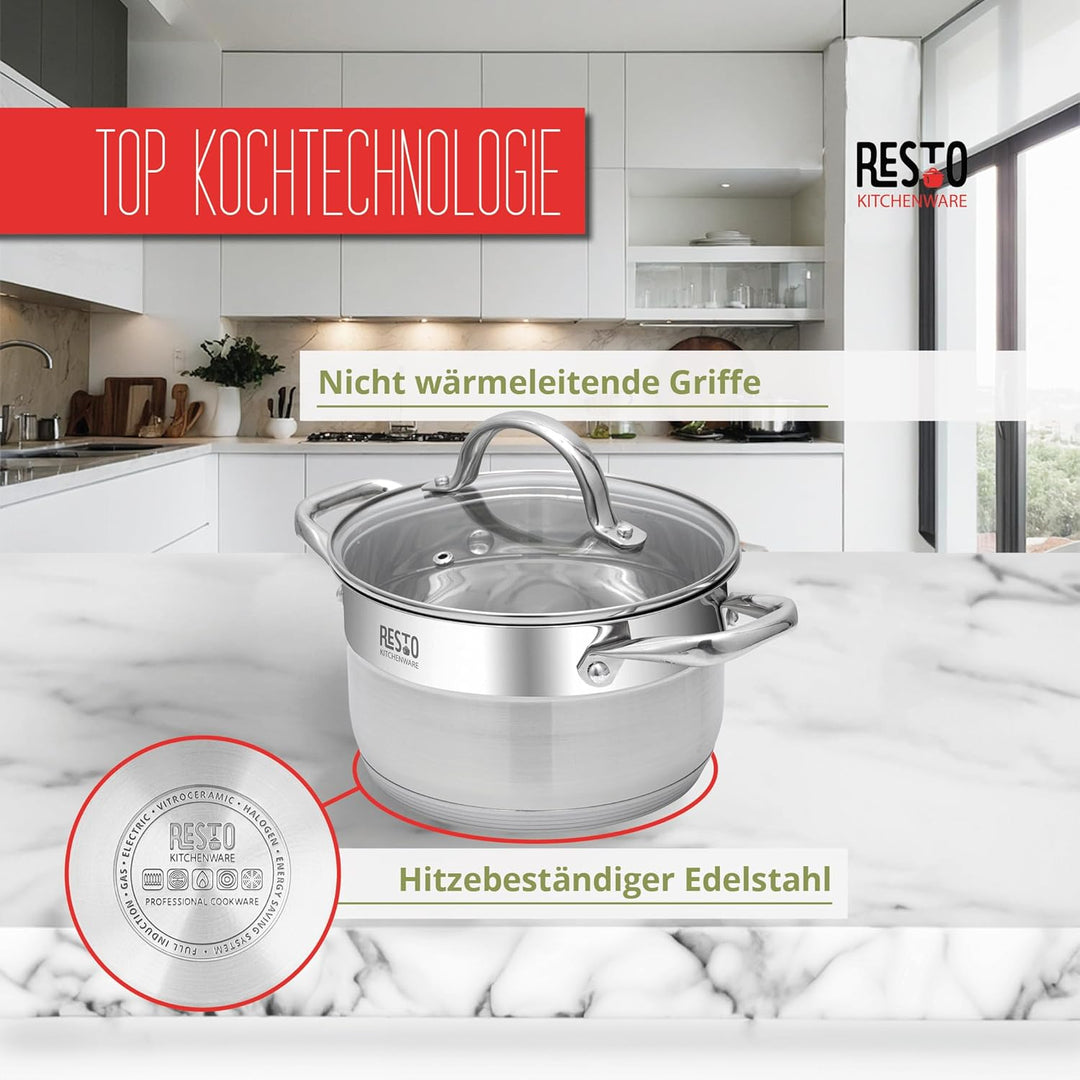 RESTO Edelstahl 18/10 Kochtopf Suppentopf Bratentopf - für alle Herdarten - Topf mit hitzebeständige