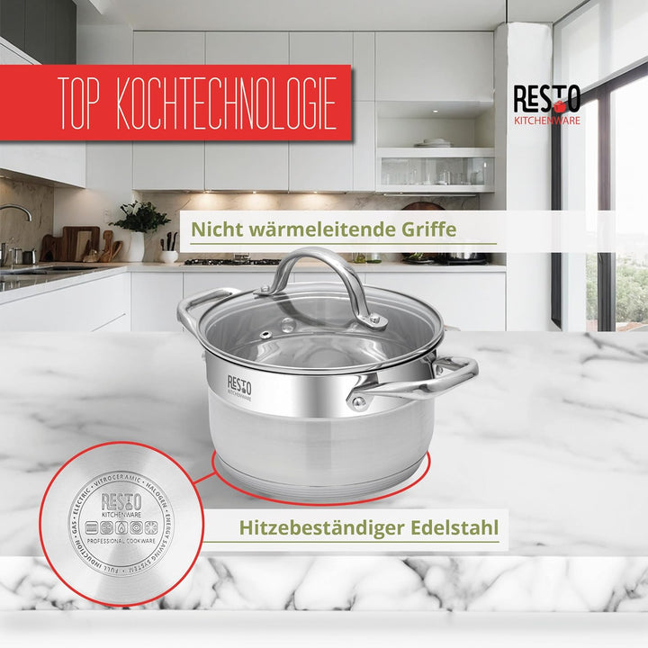RESTO Edelstahl 18/10 Kochtopf Suppentopf Bratentopf - für alle Herdarten - Topf mit hitzebeständige