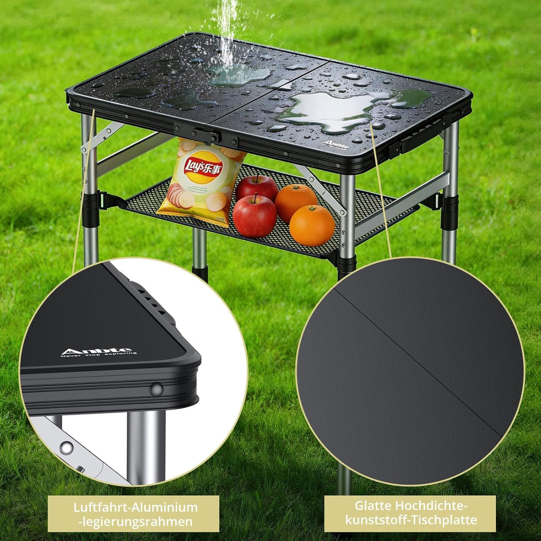 Anbte Campingtisch Klappbar 58x40cm Aluminium-Rahmen & Kunststoff-Tischplatte mit 3 Höhen Verstellba