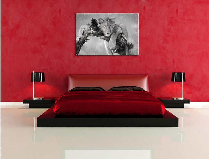 Pixxprint Junger Löwe in der Natur Kunst Kohle Effekt, Format: 100x70 auf Leinwand, XXL riesige Bild