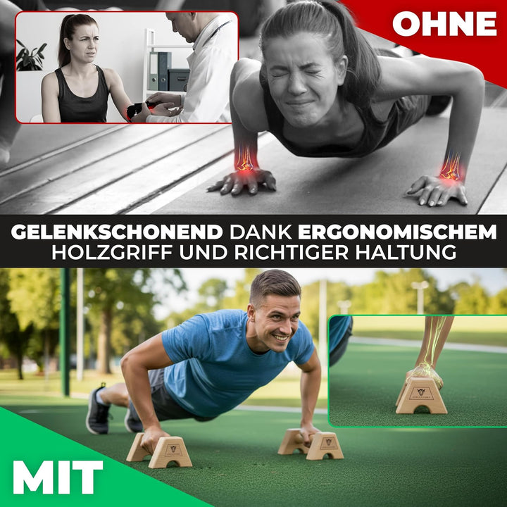Liegestützgriffe Set (2x) aus Buchenholz - ohne Wackeln - gelenkschonend & rutschfest – Parallettes