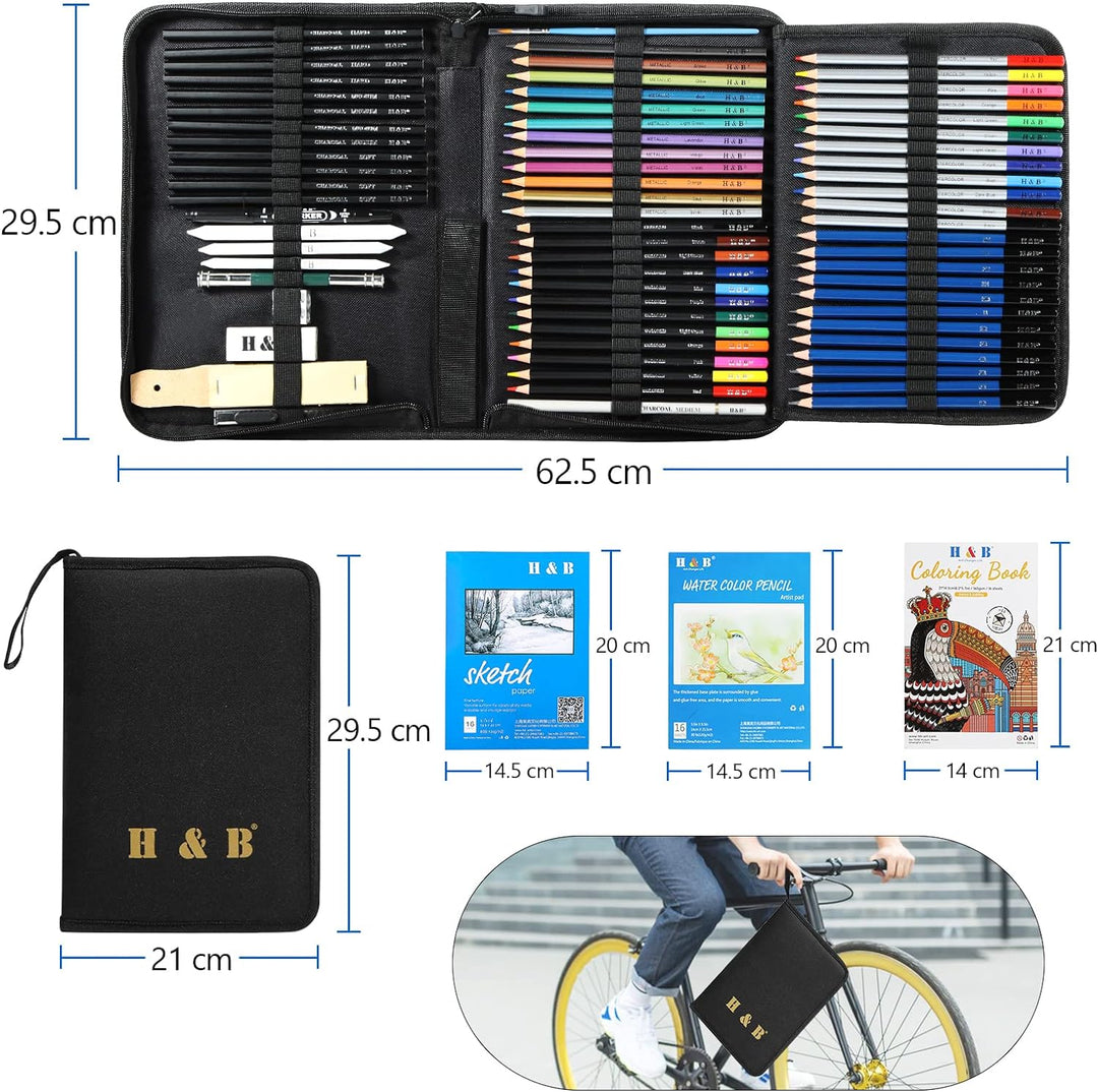 75 Stück Zeichenstifte Set , Skizzierstifte Set, Zeichnung Bleistifte Werkzeug mit Skizzenbuch Geeig