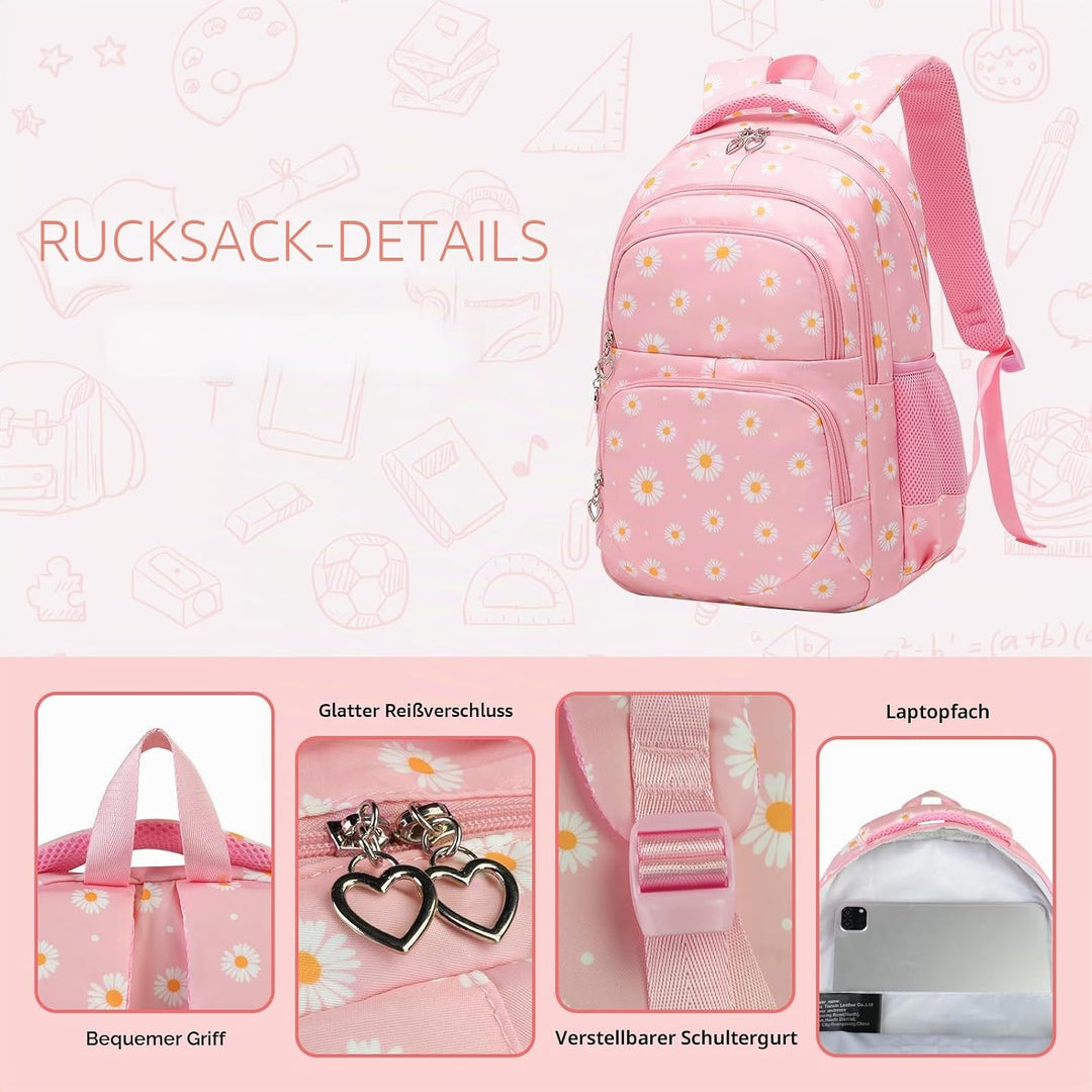 SIVENKE Schulrucksack Mädchen Teenager Damen Schultasche Rucksack Set Gänseblümchen Schulranzen für