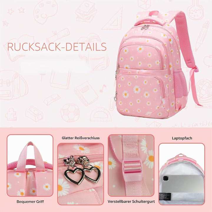 SIVENKE Schulrucksack Mädchen Teenager Damen Schultasche Rucksack Set Gänseblümchen Schulranzen für