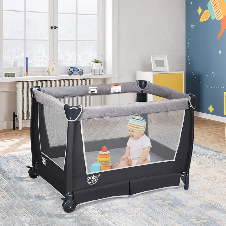 GOPLUS 4 in 1 Reisebett, Laufgitter Wiege Windeltisch, ab Geburt bis 15 kg, mit Matratze&Wickelaufla