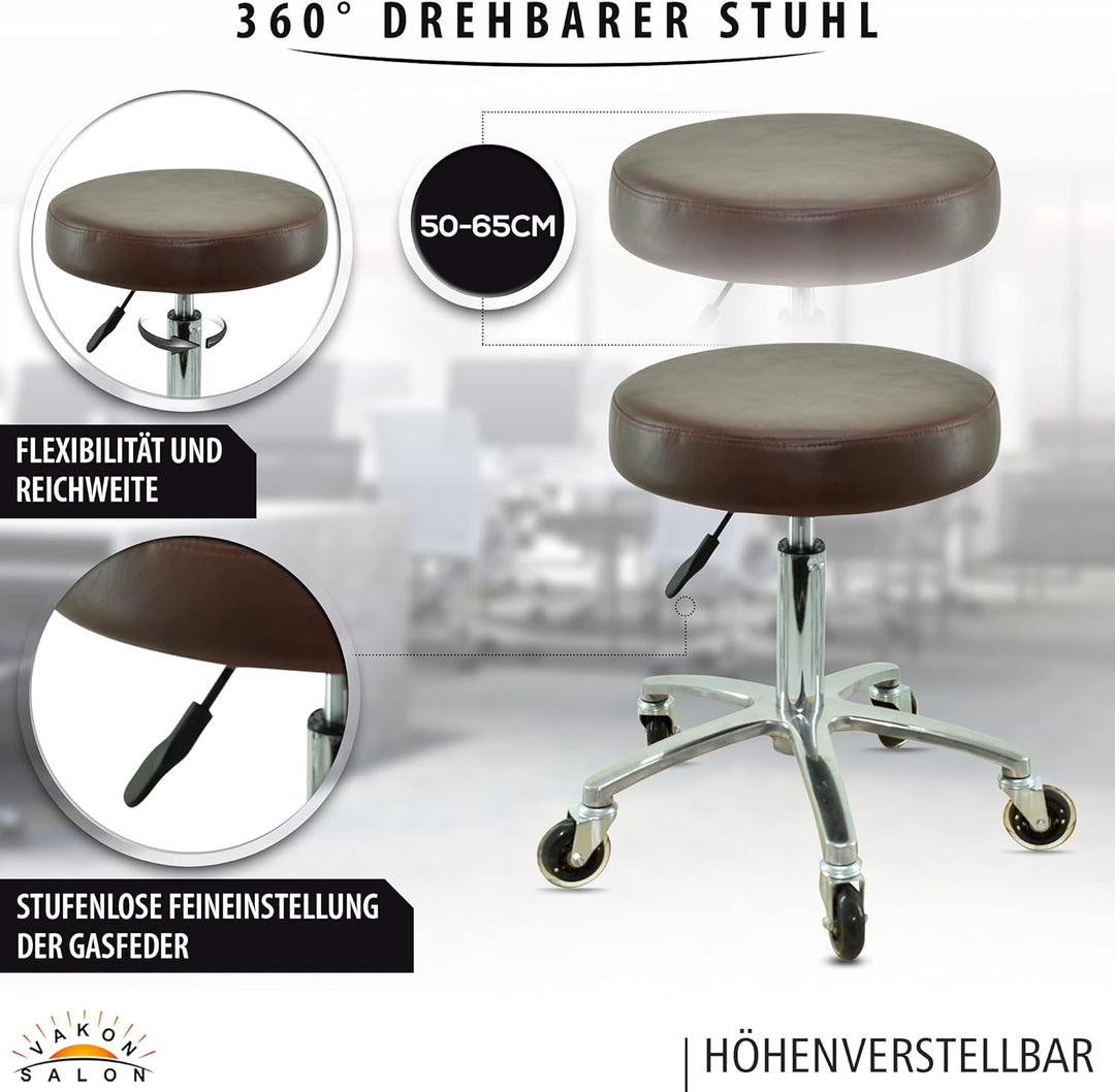 VAKON SALON - Premium Rollhocker braun höhenverstellbar von 50 bis 65 cm - Rundsitz- Drehhocker Arbe