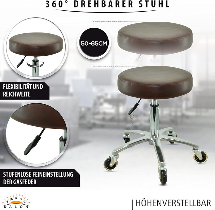 VAKON SALON - Premium Rollhocker braun höhenverstellbar von 50 bis 65 cm - Rundsitz- Drehhocker Arbe