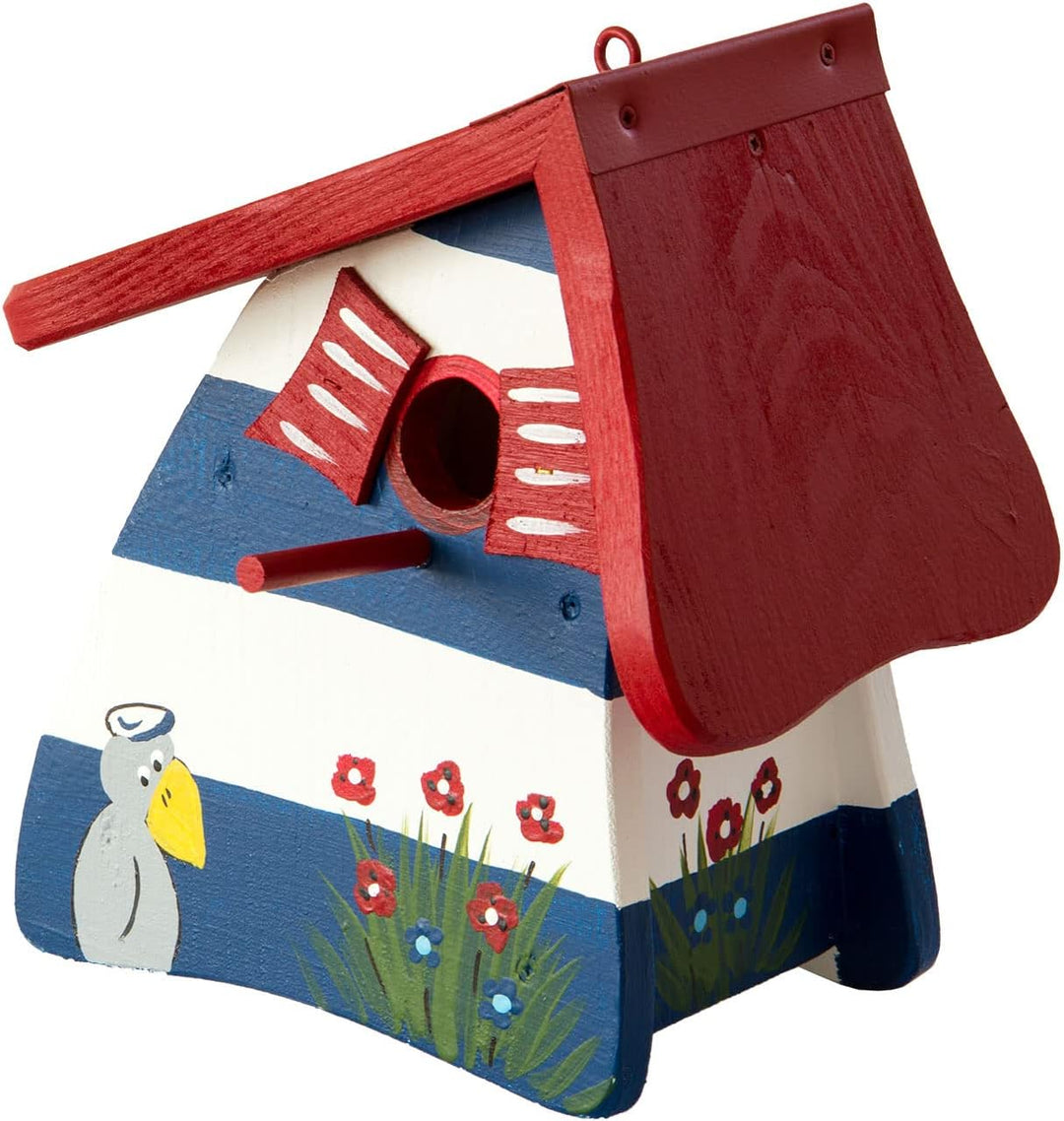 Nistkasten Leuchtturm blau/weiss, Vogelhaus aus Holz, Vogelhäuschen für Wildvögel, Nistvilla, Vogelv