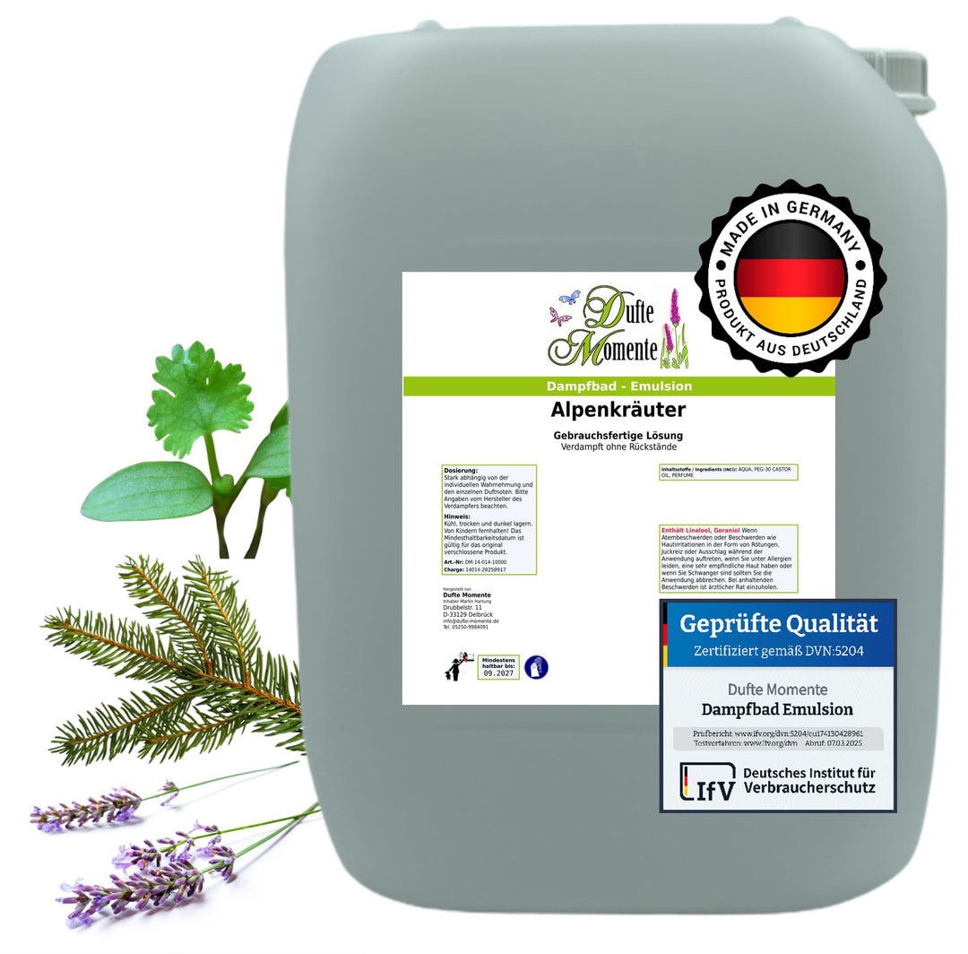 Dufte Momente Dampfbad-Emulsion 10 Liter Alpenkräuter | Gebrauchsfertig | Hochwertige Formel | Für g