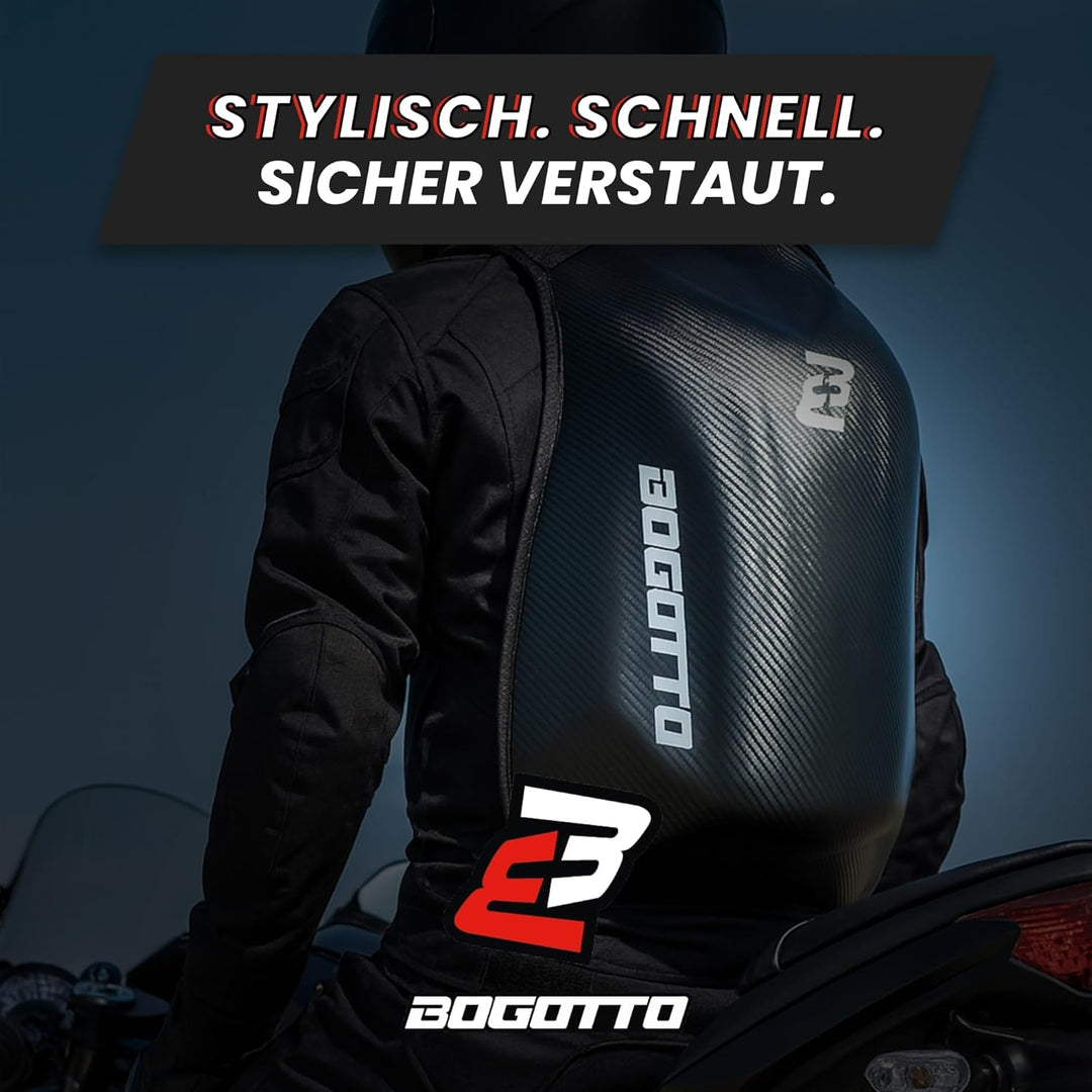 Bogotto Hump Race Carbon Look Motorrad Rucksack mit Hartschalenkonstruktion, Laptopfach 15 Zoll, 24