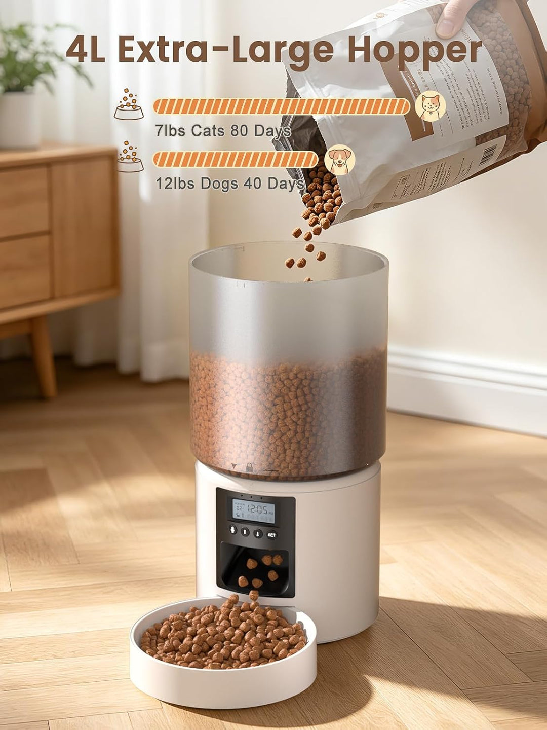 Futterautomat Katze 4L mit Timer, Katzenfutter Automat programmierbar 1–6 Fütterungen Portionskontro