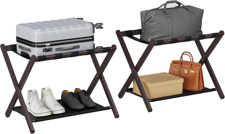 Smuxee Brauner Bambus-Gepäckständer 2er-Pack, Faltbarer Kofferständer mit Ablagefach & 5 Nylon-Gurte