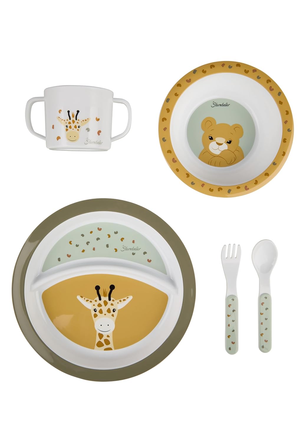 Sterntaler Geschirrset Giraffe & Löwe – Rutschfester Teller, Schale, Besteck & Becher – aus lebensmi