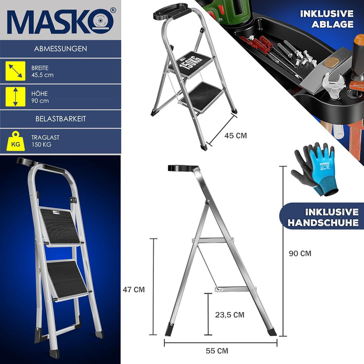 MASKO® Trittleiter Klappleiter 2 Stufen-Leiter Stufenleiter belastbar bis 150 kg | Tritthocker Anti-