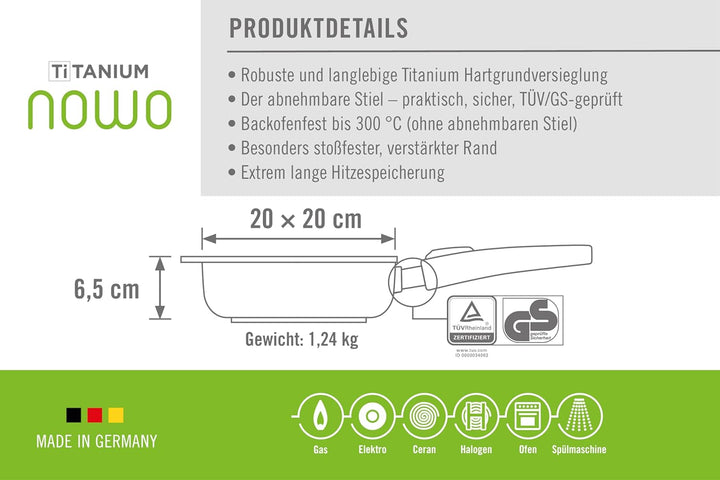 Titanium Nowo Gusspfanne, viereckig, 20 x 20 cm, 6,5 cm hoch, mit abnehmbarem Stiel, 20 cm
