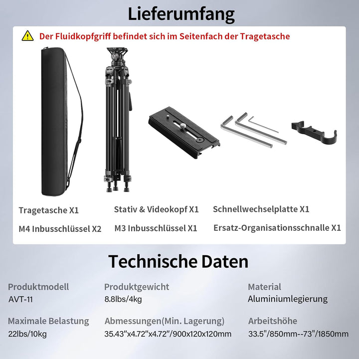 SIRUI AVT-11 Fluidkopf Video Stativ, Tripod 180cm mit Schnellverschlussplatte für Manfrotto, Robuste