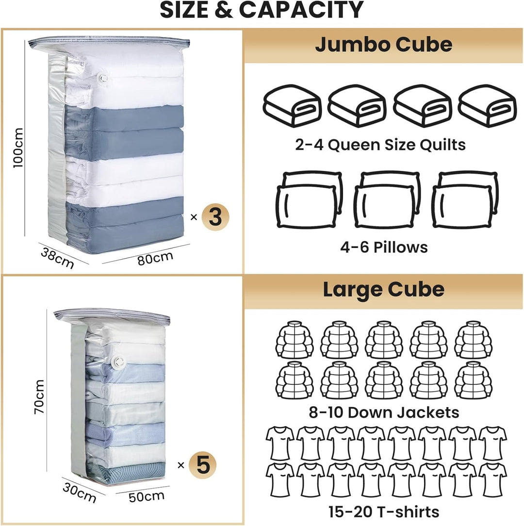 TAILI Vakuumbeutel für Kleidung, Würfel Vakuumbeutel, 8er-Pack Kombi (3 Jumbo + 5 Medium), Aufbewahr
