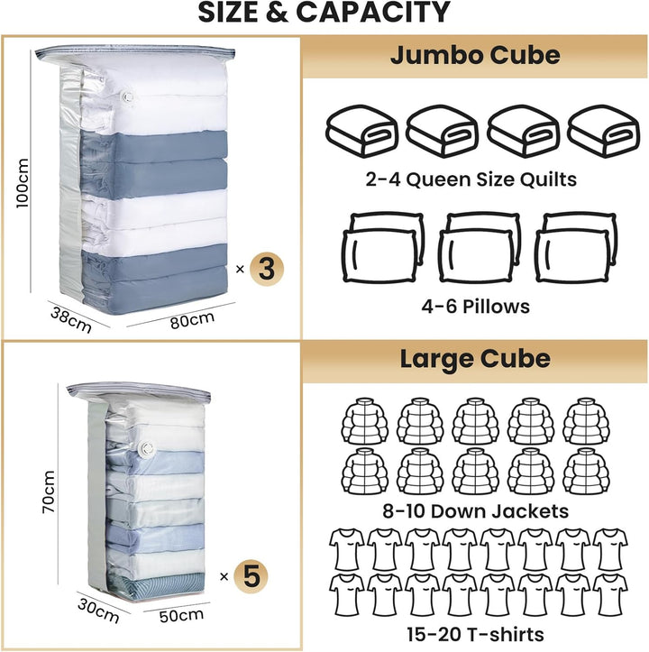 TAILI Vakuumbeutel für Kleidung, Würfel Vakuumbeutel, 8er-Pack Kombi (3 Jumbo + 5 Medium), Aufbewahr