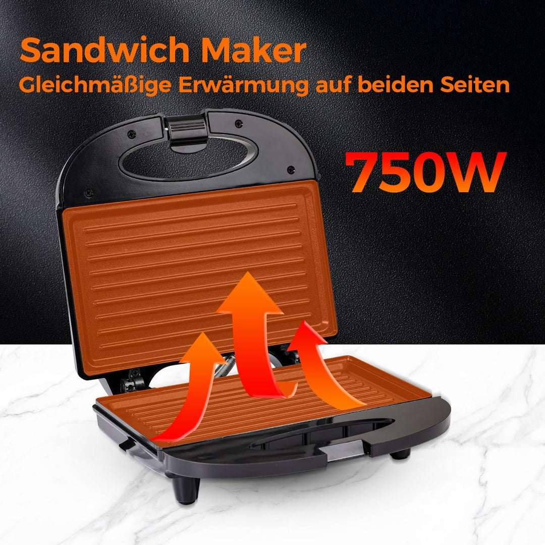 Nirva Doppel Sandwichmaker - 750 W, BPA-frei & Antihaftbeschichtung, klassische Streifenform für 2 S