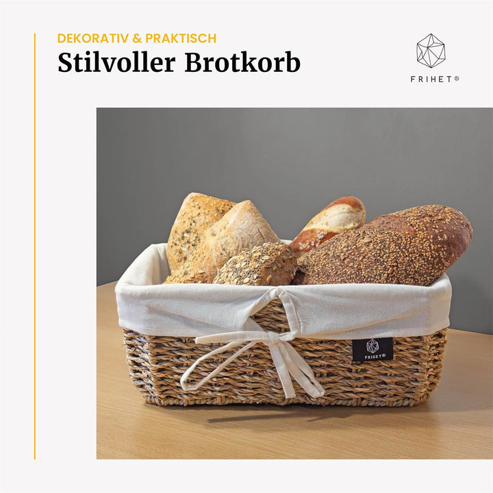 FRIHET eckiger Brotkorb aus Seegras | Rustikale Brotkörbchen mit Stoff im Scandi Style | geflochtene