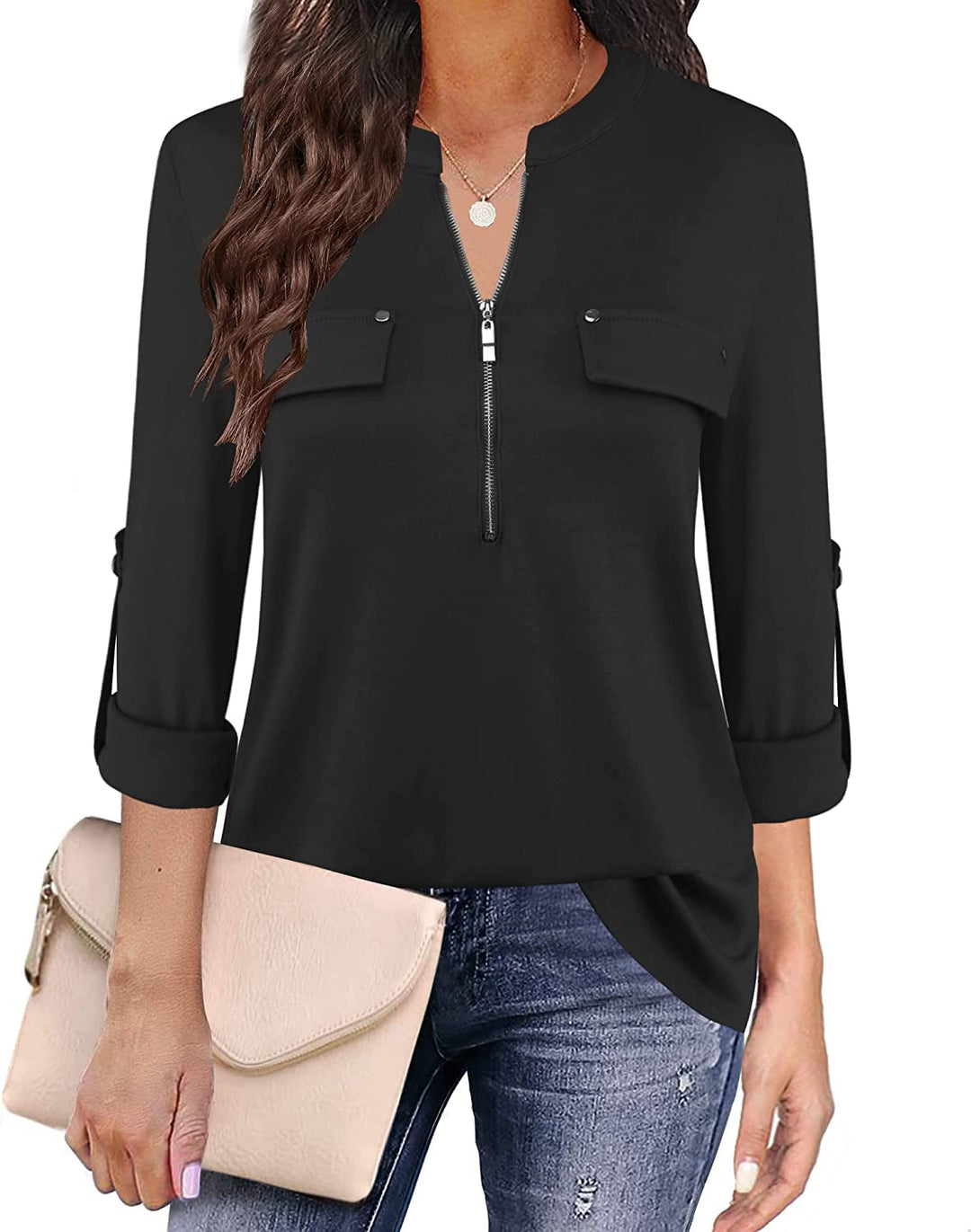 Siddhe Damen V-Ausschnitt Bluse 3/4 Ärmel Tunika mit Reissverschluss Elegant Longbluse Lange Shirt C