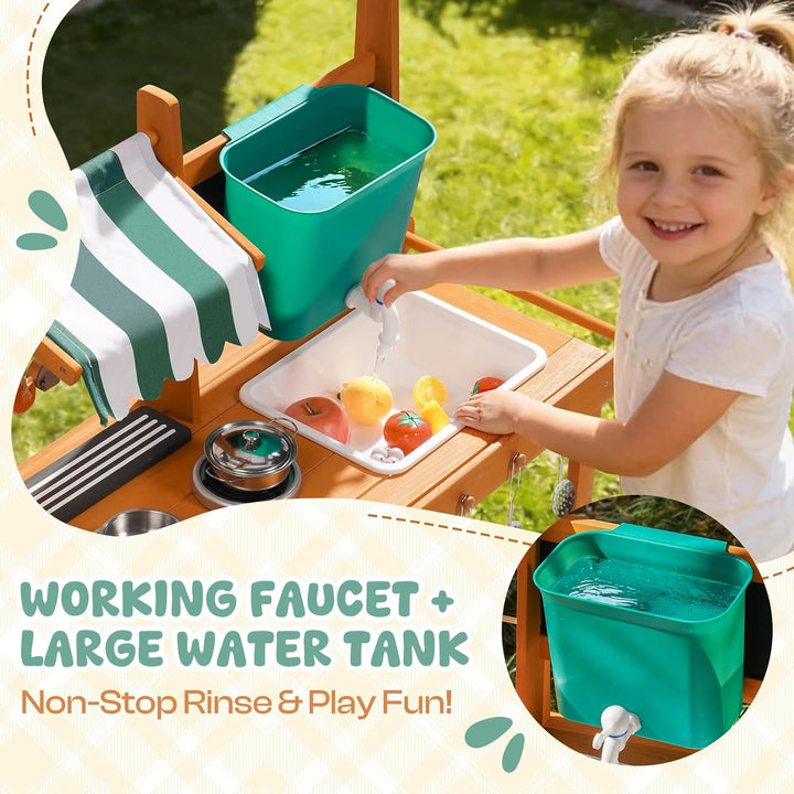 ROBUD Matschküche Kinder Outdoor, Holz Spielküche mit Rädern, Grill, grossem Wassertank & Echtem Was