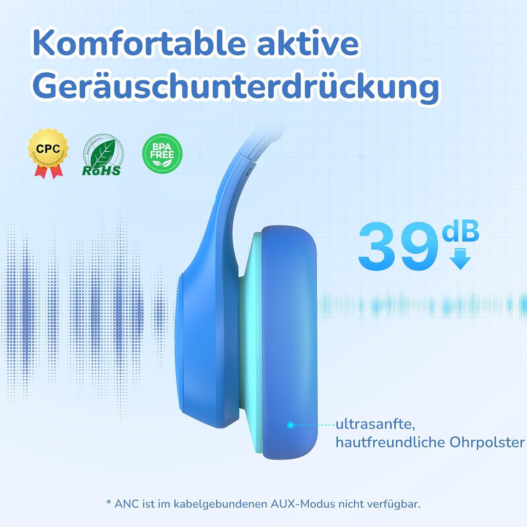 EarFun Bluetooth Kinder Kopfhörer, Noise Cancelling Kopfhörer Kinder, 74/85/94 dBA Sichere Lautstärk