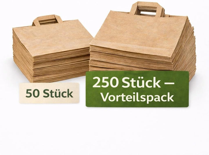 250 Papiertüten Braun mit Henkel 22+10x36cm – Papiertragetaschen und Papiertaschen mit Henkel aus st