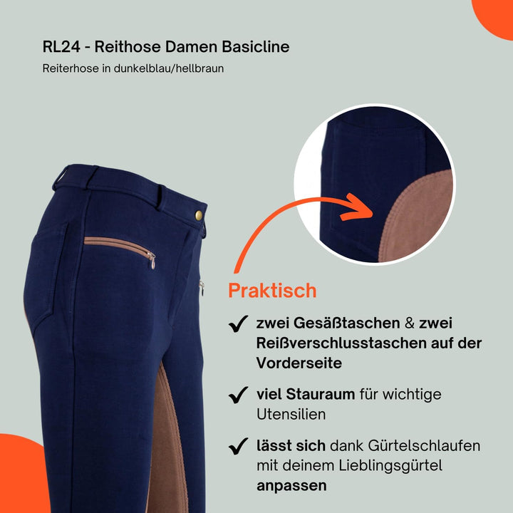 RL24 Damen Reithose Vollbesatz Flex BASICLINE 40 Dunkelblau/Hellbraun, 40 Dunkelblau/Hellbraun