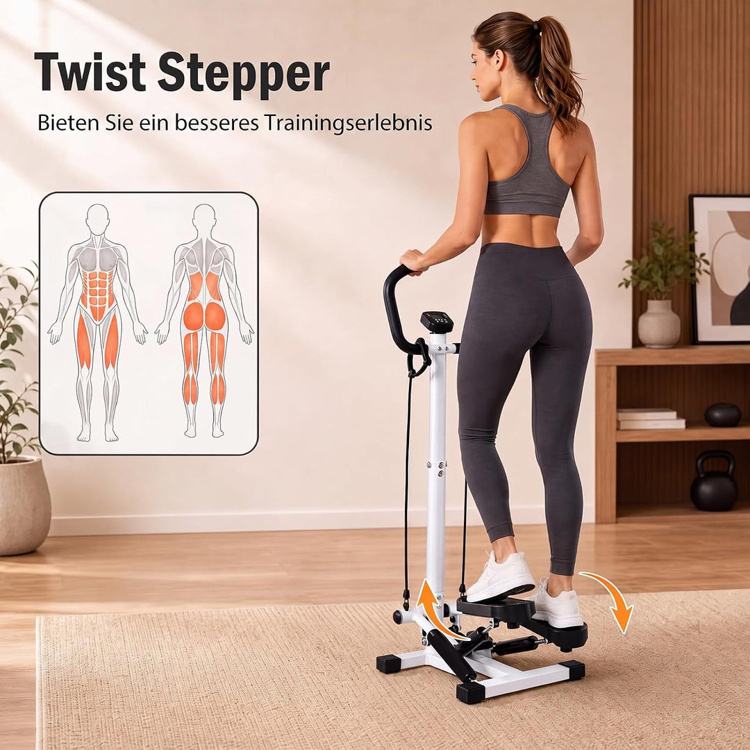 COSTWAY Mini Stepper mit Lenker, leise &amp; rutschfest | Fitness-Stepper mit Widerstandsbändern &amp; LCD D