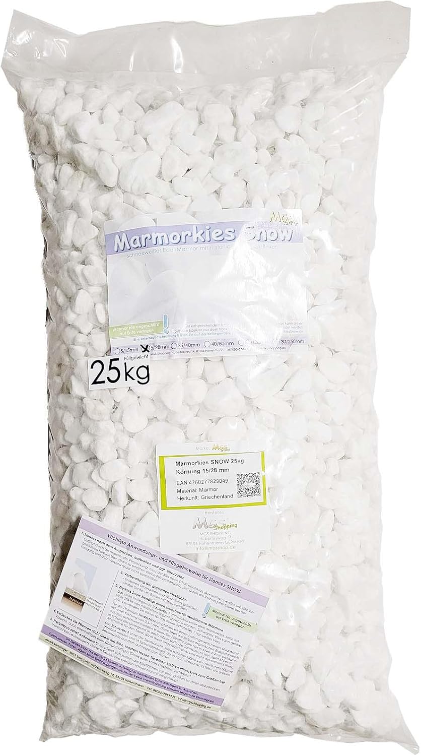 MGS SHOP Marmorkies Snow rein Weiss schneeweiss Garten Kies 25 kg (15/28 mm), 15/28 mm