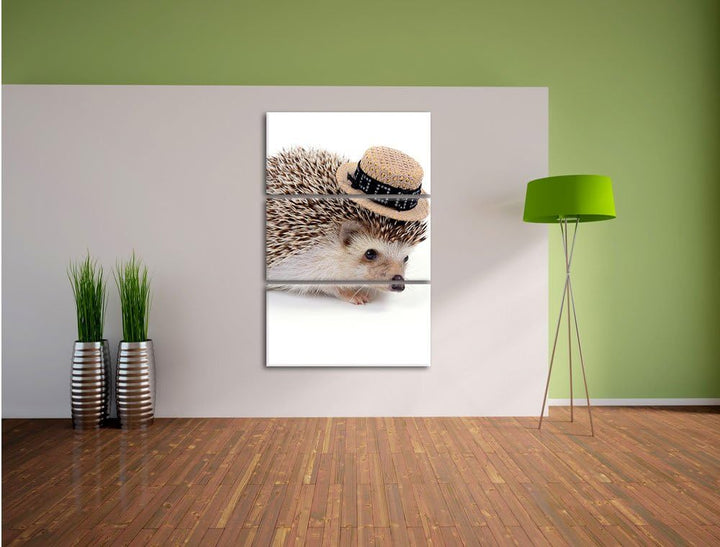Pixxprint Lustiger Igel mit Hut als Leinwandbild/Grösse: 3 Teilig (120x80) cm/Wandbild/Kunstdruck/fe