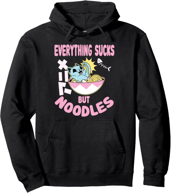 Cute Pastel Goth Cat Kawaii Everything sucks but noodles Pullover Hoodie