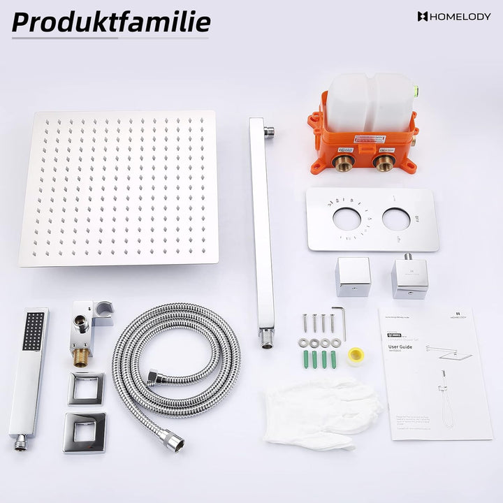 HOMELODY Regendusche Duschsystem mit Thermostat Unterputz Duscharmatur Eckig, Duschamaturenset Chrom
