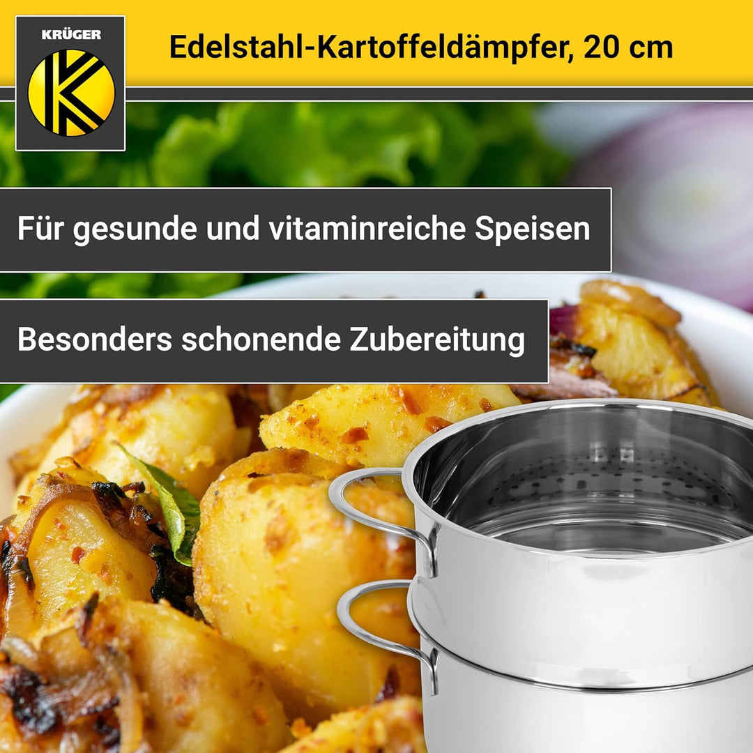 Krüger Edelstahl-Kartoffeldämpfer mit Glasdeckel - Bio-Dünster mit praktischem Schüttrand & energies