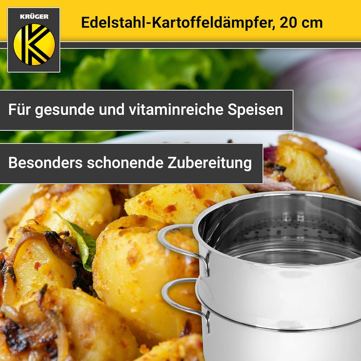 Krüger Edelstahl-Kartoffeldämpfer mit Glasdeckel - Bio-Dünster mit praktischem Schüttrand & energies